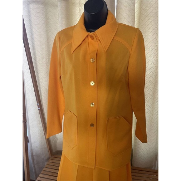 Vintage 1960’s 1970’s‎ Yellow Collared Wide Leg Pant Suit Large Size 14 Stretchy - Picture 2 of 7